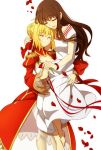  2girls ahoge barefoot blonde_hair brown_hair carrying dress eyebrows eyebrows_visible_through_hair fate/extella fate/extra fate_(series) female flower hug kishinami_hakuno_(female) long_hair multiple_girls mutual_yuri oiun petals rose saber_extra smile white_dress yuri 