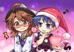  2girls blue_eyes blue_hair blush bow brown_eyes brown_hair doremy_sweet dream_soul dress glasses hat hat_bow heart long_sleeves low_twintails multiple_girls musical_note nightcap open_mouth plaid pom_pom_(clothes) pote_(ptkan) red-framed_eyewear ribbon school_uniform shirt short_hair skirt smile tail tapir_tail touhou twintails usami_sumireko 