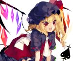  1girl :d alternate_color blonde_hair crystal daimaou_ruaeru fang flandre_scarlet hat long_hair mob_cap open_mouth red_eyes side_ponytail smile solo touhou white_background wings 