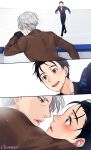  2boys black_hair blush brown_eyes coat comic eye_contact gearous gloves green_eyes ice_skates incipient_kiss katsuki_yuuri looking_at_another male_focus multiple_boys silver_hair skate skates smile sweat upper_body viktor_nikiforov yaoi yuri!!!_on_ice 