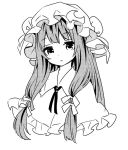  1girl ama-tou bolo_tie bun_cover capelet collar crescent crescent_hair_ornament double_bun expressionless eyelashes frills greyscale hair_ornament hair_ribbon halftone hat long_hair looking_at_viewer mob_cap monochrome patchouli_knowledge portrait ribbon simple_background sketch solo touhou tress_ribbon white_background 