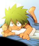  1boy :p barefoot bed_sheet green_hair kameyama_tokusa lying male_focus on_stomach outstretched_hand pillow sheet_grab solo tan tenkai_knights tongue tongue_out yellow_eyes 