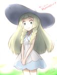  1girl blonde_hair braid dress green_eyes hat highres lillie_(pokemon) long_hair pokemon pokemon_(game) pokemon_sm sleeveless sleeveless_dress smile solo sun_hat sundress twin_braids white_dress 