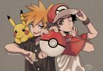  2016 2boys baseball_cap dated hat highres male_focus multiple_boys namigon ookido_green ookido_green_(sm) pikachu poke_ball pokemon pokemon_(creature) pokemon_(game) pokemon_sm red_(pokemon) red_(pokemon)_(sm) shirt spiky_hair t-shirt twitter_username 