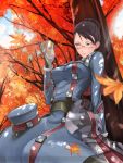  1girl armor autumn blue_eyes blush braid breasts brown_hair clouds cloudy_sky eleanor_varrot forest glass glasses gloves hat hat_removed headwear_removed leaf looking_to_the_side military military_uniform nature official_art senjou_no_valkyria senjou_no_valkyria_1 short_hair sitting sky solo sunlight tea_(nakenashi) uniform 