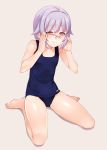  1girl adjusting_glasses bespectacled blush brown_eyes flat_chest glasses highres idolmaster idolmaster_cinderella_girls koshimizu_sachiko looking_at_viewer okina_ika one-piece_swimsuit over-rim_glasses purple_hair red-framed_eyewear school_swimsuit semi-rimless_glasses short_hair simple_background sitting smile solo swimsuit wariza 