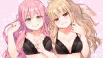  2girls :3 black_bow black_bra blonde_hair blush bow bow_bra bra braid breasts character_request cleavage closed_mouth collarbone eyebrows eyebrows_visible_through_hair fujigasaki_connie fuzuki_fuuro green_eyes hair_between_eyes head_tilt lace lace-trimmed_bra long_hair looking_at_viewer medium_breasts multiple_girls official_art olive!_believe_&quot;olive&quot;? pink_background pink_hair red_eyes smile sparkle underwear underwear_only upper_body v 