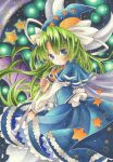  blue_dress blue_eyes bow capelet crescent dress ghost_tail green_hair hat highres holding holding_staff long_hair long_sleeves looking_at_viewer mima mizame staff star touhou touhou_(pc-98) very_long_hair wings wizard_hat yellow_bow 