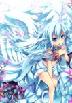  1girl between_legs blue_eyes blue_hair hair_between_eyes hand_between_legs highres long_hair navel nyori original see-through_silhouette solo very_long_hair white_wings wings 