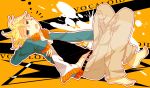  /\/\/\ 7:24 barefoot belt blonde_hair blue_eyes copyright_name denim drooling hair_ornament hairclip jeans kagamine_len male_focus open_mouth orange_background pants ponytail solo splatter vocaloid 