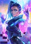  1girl abstract_background artist_name asymmetrical_hair breasts dark_skin earrings emblem energy eyeshadow gloves glowing high_collar jewelry lips lipstick looking_at_viewer looking_to_the_side makeup medium_breasts mole mole_under_eye multicolored_hair nose overwatch parted_lips purple_hair realistic ross_tran signature solo sombra_(overwatch) stud_earrings two-tone_hair upper_body violet_eyes 