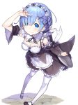  1girl absurdres blue_eyes blue_hair blush breasts cleavage commentary_request detached_sleeves flower frilled_sleeves frills hair_ornament hair_ribbon headdress highres lasa_(lasa1116) looking_at_viewer maid maid_headdress medium_breasts purple_ribbon re:zero_kara_hajimeru_isekai_seikatsu rem_(re:zero) ribbon short_hair smile solo standing white_legwear x_hair_ornament 