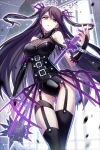  1girl bare_shoulders black_gloves black_legwear bloodline breasts daisy_(bloodline) gauntlets gloves green_eyes holding holding_weapon iotower long_hair mace purple_hair solo thigh-highs two_side_up weapon 