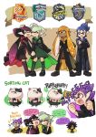  3girls 4boys aori_(splatoon) bangs black_hair black_legwear black_shoes black_skirt blue_eyes blue_hair blunt_bangs brown_eyes cat closed_eyes cosplay crossed_arms crying daunii_(splatoon) domino_mask fangs grey_hair hand_holding hands_on_hips harry_potter hotaru_(splatoon) hug inkling jajji-kun_(splatoon) long_hair long_sleeves looking_at_another looking_at_viewer mask mole mole_under_eye multiple_boys multiple_girls open_mouth orange_eyes orange_hair pleated_skirt pointy_ears pun purple_hair robe school_uniform shoes short_hair skirt smile socks spiky_hair splatoon standing tentacle_hair whispering wong_ying_chee 