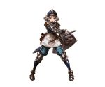  1girl armor armored_boots bag belt blue_eyes boots breastplate farrah_(granblue_fantasy) full_body gauntlets granblue_fantasy helmet holding minaba_hideo open_mouth shield short_hair simple_background solo thigh-highs weapon white_hair 