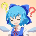  1girl :d ?? blue_hair bow cato_(monocatienus) cirno closed_eyes commentary dress hair_bow ice ice_wings large_bow open_mouth puffy_short_sleeves puffy_sleeves short_sleeves smile solo thinking touhou u_u upper_body vest wavy_hair wings 