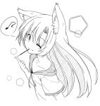  1girl ;) animal_ears fang_out flat_chest food frilled_sleeves frills greyscale imaizumi_kagerou kazawa_(tonzura-d) long_hair monochrome musical_note one_eye_closed pocky quaver short_sleeves smile solo speech_bubble spoken_musical_note touhou wolf_ears 