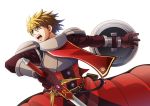  1boy armor blue_eyes crave_(sennen_sensou_aigis) fighting_stance holding holding_sword holding_weapon looking_to_the_side male_focus open_mouth sennen_sensou_aigis sheath shield solo sword weapon 