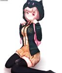  1girl animal_hood backpack bag bangs black_legwear blunt_bangs blush brown_shirt brown_skirt closed_mouth dangan_ronpa dangan_ronpa_3 dress_shirt dyolf hair_ornament handheld_game_console hood hoodie long_sleeves looking_at_viewer nanami_chiaki neck_ribbon nose_blush open_clothes open_hoodie pink_eyes pink_hair pink_ribbon playstation_portable pleated_skirt ribbon school_uniform shirt short_hair sitting skirt skirt_set solo super_dangan_ronpa_2 thigh-highs zettai_ryouiki 