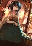  1girl absurdres breasts brown_eyes brown_hair collarbone hakama highres hiryuu_(kantai_collection) japanese_clothes kaamin_(mariarose753) kantai_collection one_side_up short_hair sitting smile solo twitter_username 