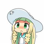  1girl :&lt; blonde_hair blush chibi crying crying_with_eyes_open green_eyes hat kanikama lillie_(pokemon) lowres pokemon pokemon_(game) pokemon_sm simple_background solo sun_hat tears trembling upper_body white_background 