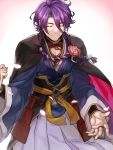  1boy armor clenched_hand closed_eyes cowboy_shot flower japanese_armor japanese_clothes kasen_kanesada male_focus outstretched_arm petals purple_hair ruchi smile solo touken_ranbu 