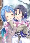  2girls :d ;d ^_^ aqua_hair arms_around_neck bangs blue_hair blush closed_eyes coat green_eyes hitsujibane_shinobu kantai_collection long_hair long_sleeves looking_at_viewer low_twintails multiple_girls one_eye_closed open_mouth outdoors parted_bangs samidare_(kantai_collection) scarf school_uniform shared_scarf smile snow snowing striped striped_scarf suzukaze_(kantai_collection) swept_bangs tongue twintails upper_body vertical_stripes very_long_hair winter_clothes 