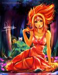  1girl 2boys adjusting_hair adventure_time blush breasts burning cleavage dress fiery_hair finn_the_human fire flame_princess flower forehead_jewel forest highres jake_the_dog javier_estrada knife long_hair looking_at_viewer medium_breasts multicolored_hair multiple_boys nature open_mouth orange_hair orange_skin red_dress red_eyes redhead signature sitting solo_focus two-tone_hair watermark web_address 