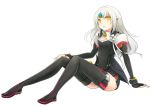  1girl black_gloves black_legwear black_shoes bracelet code:_nemesis_(elsword) elsword eve_(elsword) female fingerless_gloves full_body gloves hand_on_own_knee jewelry looking_at_viewer shoes simple_background sitting solo thigh-highs white_background white_hair yellow_eyes 