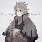  1boy cup deere_(fire_emblem_if) dwyer_(fire_emblem_if) fire_emblem fire_emblem_if gloves grey_background grey_eyes grey_hair happy_birthday heart male_focus mug smile solo text ustes_asa 