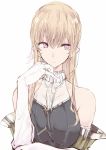  1girl bare_shoulders blonde_hair breasts earrings elbow_gloves gloves highres jewelry large_breasts long_hair original pointy_ears simple_background solo touma_kisa violet_eyes white white_background 