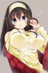  1girl bare_shoulders black_hair blue_eyes blush breasts hairband idolmaster idolmaster_cinderella_girls idolmaster_cinderella_girls_starlight_stage large_breasts long_hair looking_at_viewer mio_(mgr300) off-shoulder_sweater parted_lips ribbed_sweater sagisawa_fumika shawl solo sweater upper_body 