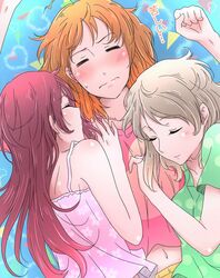  3girls =_= blush brown_hair closed_eyes floral_print kougi_hiroshi long_hair love_live! love_live!_school_idol_project love_live!_sunshine!! multiple_girls navel pajamas polka_dot redhead sakurauchi_riko short_hair sweatdrop takami_chika translated watanabe_you yuri 