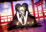  2girls black_dress black_hair closed_eyes clouds cravat dress hands_on_own_thighs highres hime_cut inu_x_boku_ss kiss kneeling long_hair multiple_girls petals selfcest senya_fuurin shirakiin_ririchiyo sky thigh-highs torii very_long_hair wooden_floor yuri 