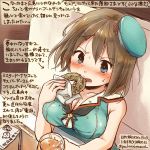  1girl bare_arms beret blue_eyes blush breasts brown_hair cleavage dated doughnut drink eating food from_above green_beret green_hat hair_ornament hat hat_ribbon holding kantai_collection kirisawa_juuzou maya_(kantai_collection) no_gloves pen red_ribbon remodel_(kantai_collection) ribbon short_hair sitting solo traditional_media translation_request twitter_username x_hair_ornament 