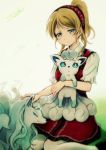  1girl alolan_ninetales alolan_vulpix ayase_eli blonde_hair blue_eyes crossover hairband highres holding lilylion26 looking_at_viewer love_live! love_live!_school_idol_project multiple_tails petting pokemon pokemon_(creature) pokemon_(game) pokemon_sm ponytail puffy_short_sleeves puffy_sleeves short_sleeves sitting smile tail 