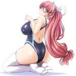  1girl ass black_swimsuit blush breasts competition_swimsuit from_behind glasses head_tilt kneeling large_breasts log-mi_(tonpuu) long_hair one-piece_swimsuit original pink_hair ponytail solo swimsuit thigh-highs tonpuu violet_eyes white_legwear 