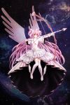  1girl arrow bow_(weapon) breasts cleavage collarbone dress gloves goddess_madoka highres holding holding_weapon long_hair mahou_shoujo_madoka_magica pink_hair plue_(coruru) small_breasts solo thigh-highs weapon white_dress white_gloves white_legwear wings 