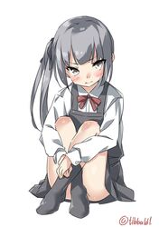  1girl bangs black_dress black_legwear black_ribbon blush closed_mouth collared_shirt convenient_leg dress ebifurya eyebrows eyebrows_visible_through_hair full_body grey_hair hair_ribbon highres kantai_collection kasumi_(kantai_collection) leg_hug legs_crossed long_hair long_sleeves looking_at_viewer neck_ribbon no_shoes own_hands_together pinafore_dress red_ribbon remodel_(kantai_collection) ribbon shirt side_ponytail simple_background sitting sleeveless sleeveless_dress socks solo tsurime twitter_username white_background white_shirt yellow_eyes 