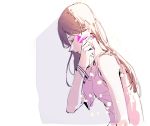  1girl bangle bangs bare_shoulders bracelet brown_hair closed_eyes d.va_(overwatch) facepaint facial_mark fingernails hair_tucking hand_up jewelry long_fingernails long_hair nail_polish overwatch parted_lips profile purple_nails shirt short_sleeves sleeves_rolled_up solo whisker_markings 