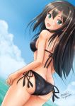  1girl artist_name ass bangs bikini blush brown_hair clouds cloudy_sky cowboy_shot green_eyes haruhata_mutsuki idolmaster idolmaster_cinderella_girls long_hair looking_at_viewer looking_back open_mouth shibuya_rin side-tie_bikini signature sky smile solo standing swimsuit twitter_username wading wet wet_clothes wet_hair wet_swimsuit 