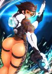  1girl ass blue_background bodysuit bomber_jacket brown_eyes brown_hair cowboy_shot dual_wielding ears finger_on_trigger from_behind goggles grin gun handgun harness highres jacket lens_flare looking_at_viewer looking_back maru-pen orange_bodysuit overwatch patch pistol short_hair skin_tight smile solo sparks spiky_hair strap tracer_(overwatch) union_jack weapon 