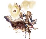  1boy animal_ears bangs blonde_hair blue_eyes book brown_pants brown_shoes ceylan ceylan_(granblue_fantasy) crown dog_ears erun_(granblue_fantasy) full_body granblue_fantasy hair_between_eyes holding long_sleeves magnifying_glass male_focus minaba_hideo monocle official_art open_book pants shoes short_hair simple_background solo transparent_background wide_sleeves 