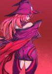  1girl ashiomi_masato ass bare_shoulders blazblue blazblue:_central_fiction blue_eyes cape hat konoe_a_mercury long_hair pink_hair skin_tight skirt solo thigh-highs witch_hat yellow_eyes 