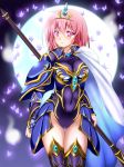  1girl armor bikini_armor blush breasts covered_navel crown highres knight lance large_breasts leotard looking_at_viewer pink_eyes pink_hair polearm saigyouji_yuyuko short_hair smile solo thigh_gap tiara toraoto touhou weapon 