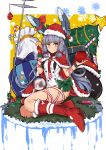  1girl absurdres bare_legs boots box candy candy_cane capelet christmas christmas_ornaments christmas_tree food gift gift_box grey_hair hat headgear highres kantai_collection long_hair murakumo_(kantai_collection) polearm ribbon sack santa_costume santa_hat sidelocks slm smile snow_globe snowflakes spear tagme thighs weapon white_background yellow_eyes 