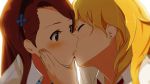  2girls blonde_hair blurry blush brown_eyes brown_hair chin_grab close-up closed_eyes commentary_request depth_of_field earrings french_kiss hair_ornament hairband hand_on_another&#039;s_chin hand_on_another&#039;s_face highres hoshii_miki idolmaster jewelry kiss long_hair minase_iori multiple_girls necktie neji_(nezi_hs) shirt white_shirt wide-eyed yuri 