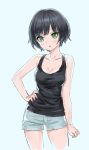  1girl ama-tou bags_under_eyes bare_arms black_hair blue_background blush_stickers breasts cleavage clenched_hand collarbone cowboy_shot eyelashes fingernails green_eyes hand_on_hip looking_away medium_breasts original pocket shiny shiny_hair short_hair shorts solo tank_top thighs triangle_mouth tsurime white_pupils 