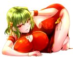  1girl all_fours alternate_costume armpits bangs bare_shoulders barefoot blush bracelet breasts china_dress chinese_clothes cleavage cleavage_cutout dress flower green_hair hair_flower hair_ornament highres itocoh jewelry kazami_yuuka large_breasts looking_at_viewer orange_eyes parted_lips red_dress seductive_smile short_hair side_slit sleeveless sleeveless_dress smile solo thighs touhou wristband 