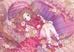  1girl bloomers bow brown_hair couch dress flower full_body green_eyes hair_bow idolmaster idolmaster_cinderella_girls indoors kusakabe_wakaba long_hair looking_at_viewer lying on_back on_couch pillow red_bow red_dress red_shoes shiratamako_(ysteeeem) shoes skirt skirt_removed smile socks solo stuffed_animal stuffed_toy teddy_bear underwear white_legwear 
